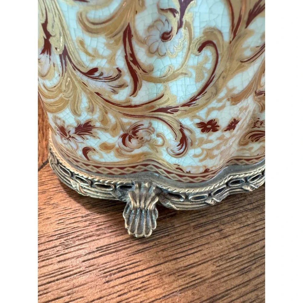 Amita Crackle Glaze Ceramic Jar with Ormolu Brass Base Floral Decorative Vase